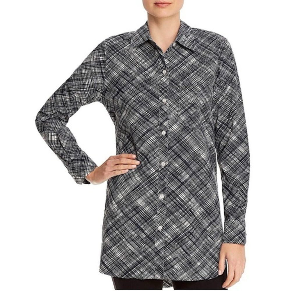 Lysse Black and White Plaid Button-Down Tunic Blouse